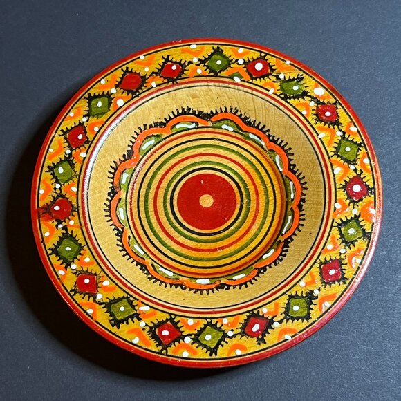 VTG Hand-Painted Round Wooden Folk Art Geometric Pattern Decorative Dish 4.5" - Picture 2 of 5